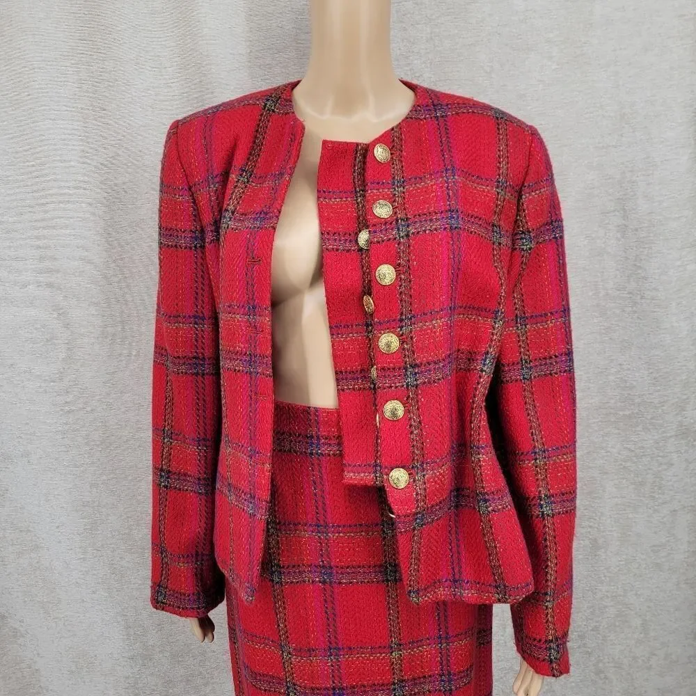 Ellen Tracy Red Plaid Blazer Double Breasted Gold Buttons Skirt Suit Set Tweed